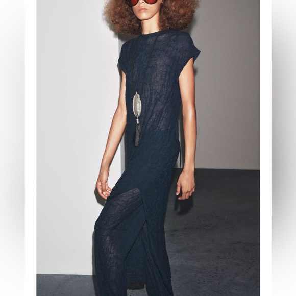 Zara 2 pieces Wrinkle Effect Fine Knit Midi Dress w/Matching Pants Navy Blue NWT - Picture 5 of 16